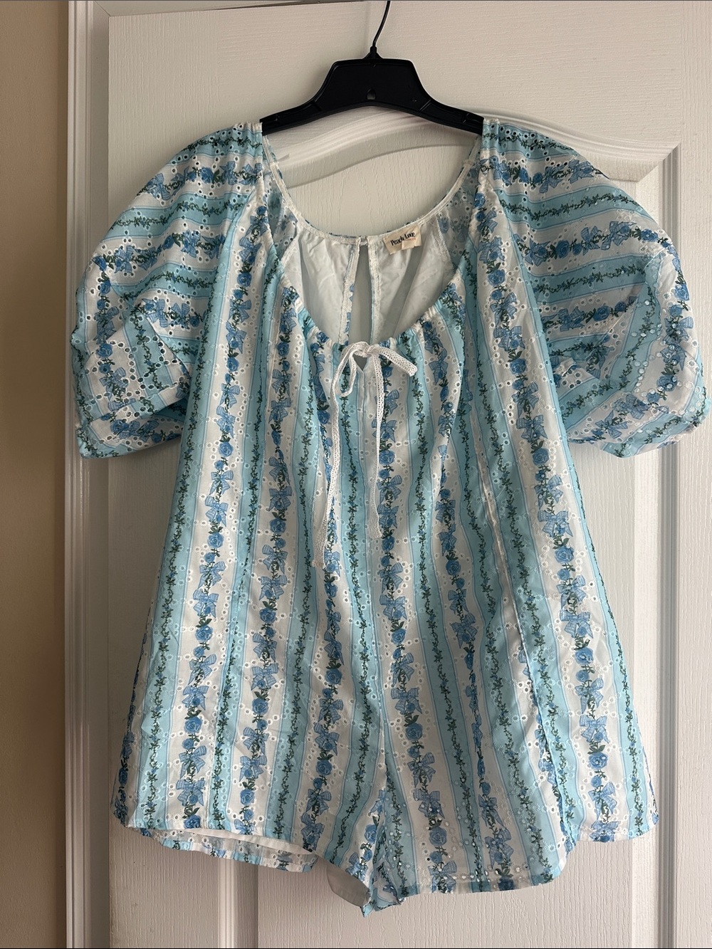 Peach Love California Light Blue & White floral romper